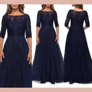 NWT $619 La Femme [ 6 ] Embroidered Floral Lace & Tulle A Line Gown‎ Navy Blue